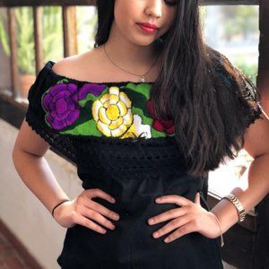 Campesina Blouse With Embroidered Flowers - Small,  Black